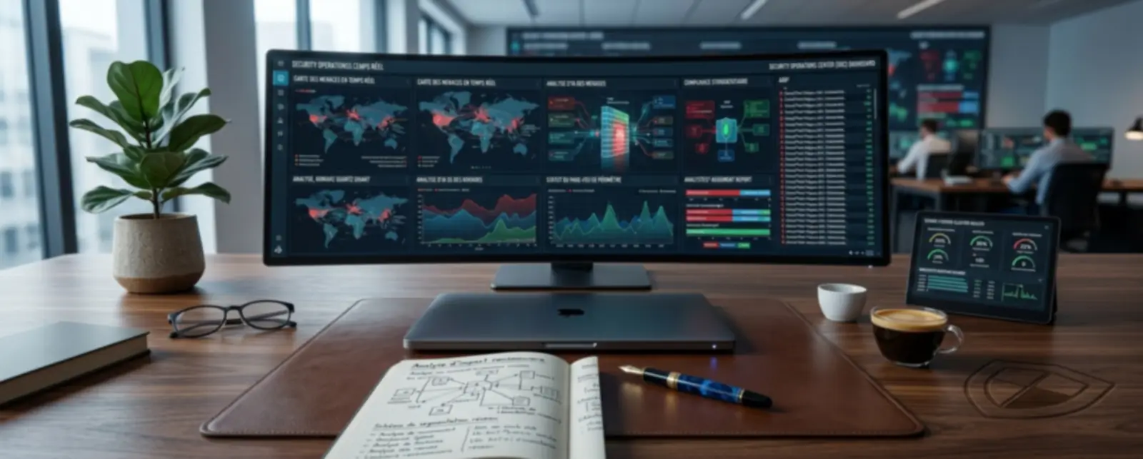Un poste de supervision de sécurité : tableau de bord des menaces en temps réel, carnet d'analyse d'impact et schéma de segmentation réseau