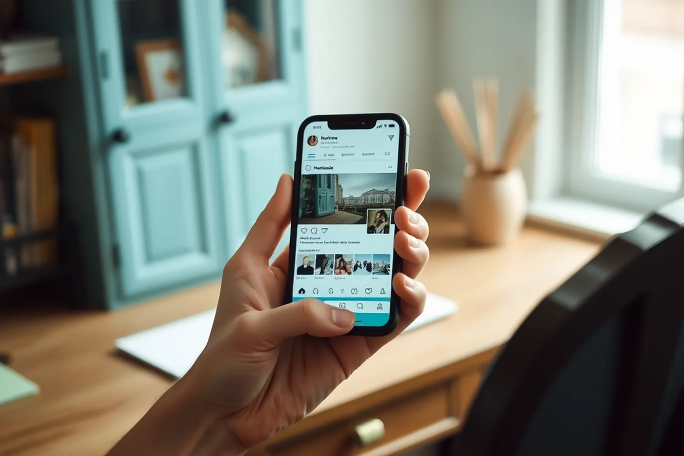 Une main tient un smartphone affichant un profil de réseau social
