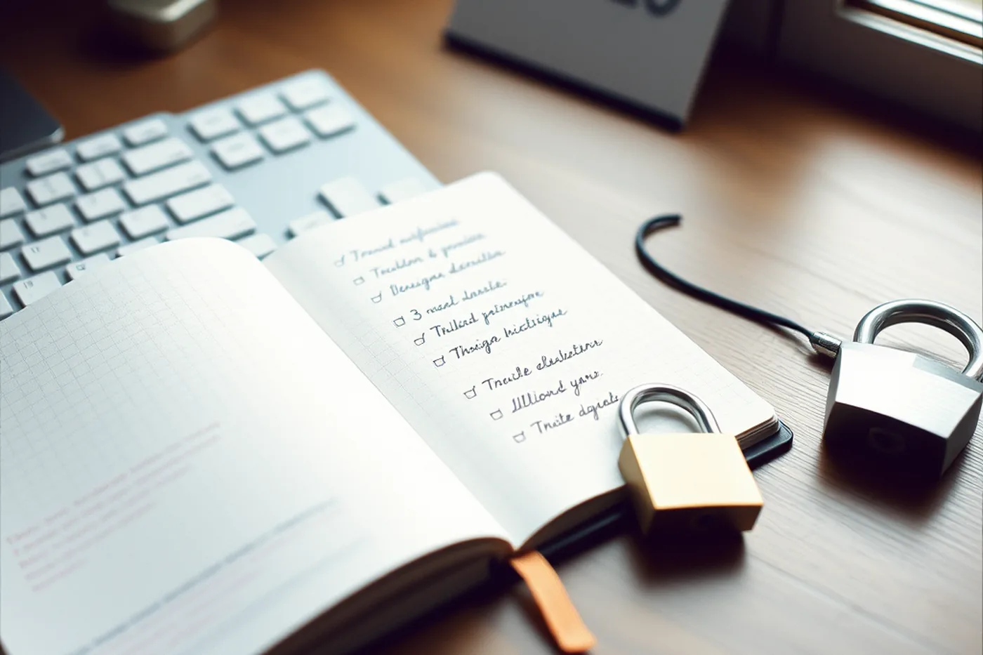 Un carnet manuscrit et un cadenas posés près d'un clavier