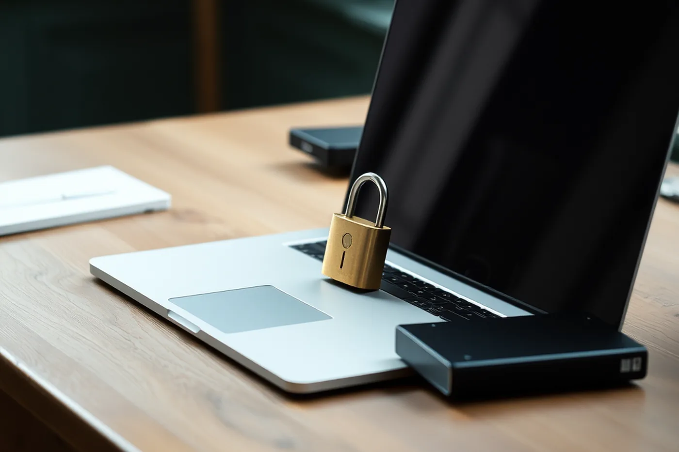 Un ordinateur portable fermé avec un cadenas posé dessus et un disque dur externe