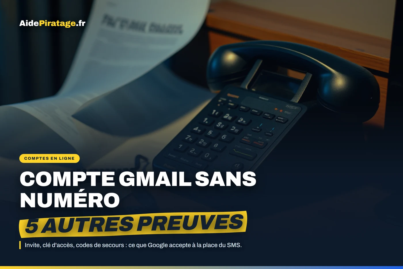 Illustration : un ancien téléphone posé près d'une feuille de codes imprimée et d'un clavier