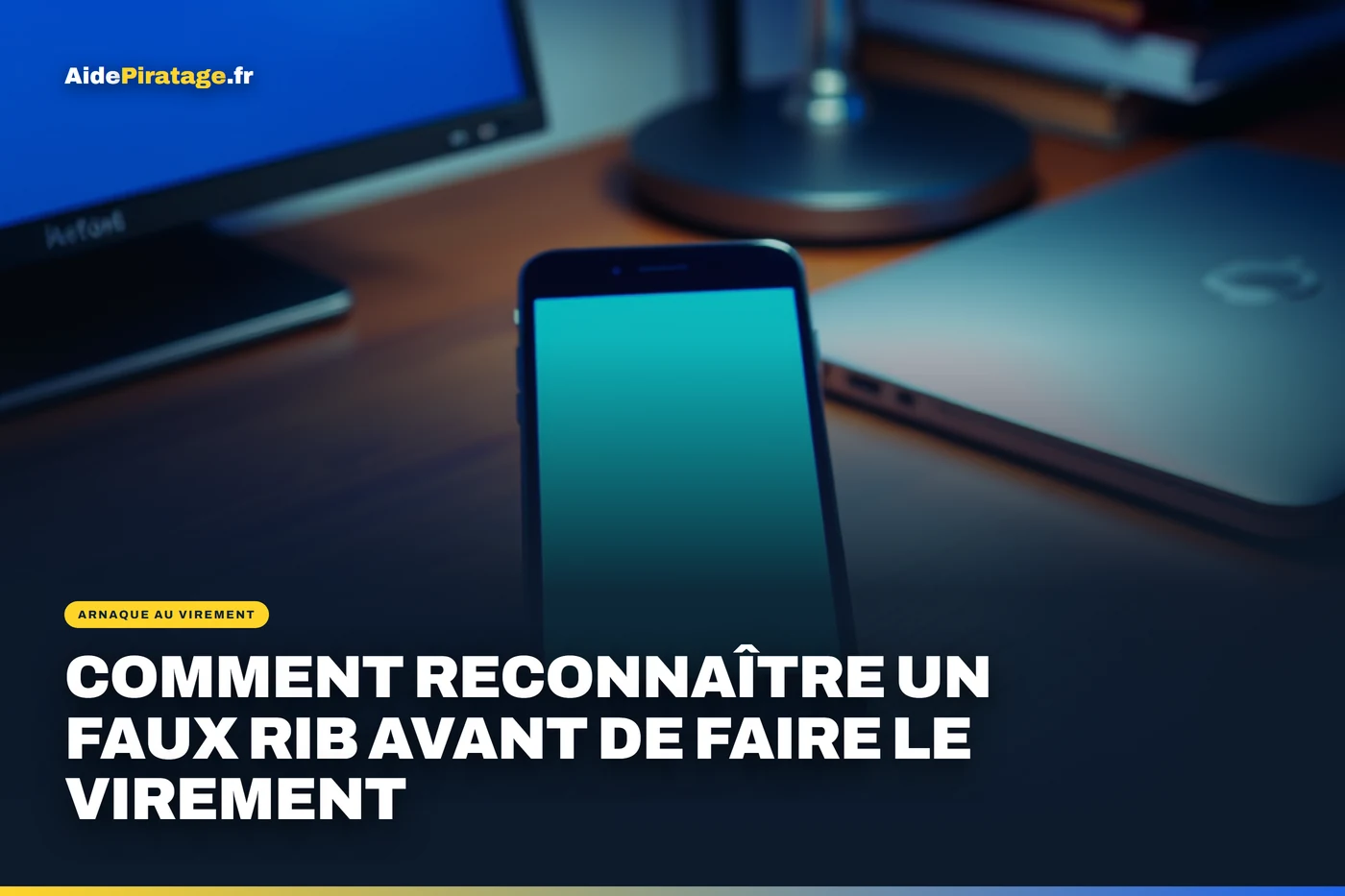 Illustration : un relevé d'identité bancaire posé à côté d'un ordinateur portable ouvert sur un formulaire de virement
