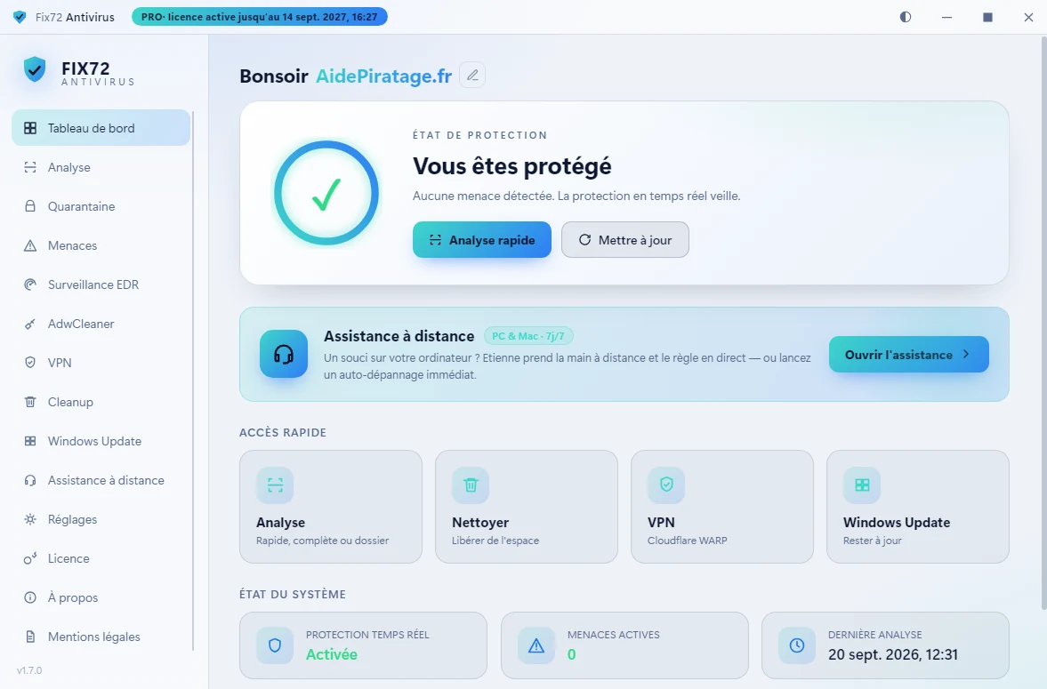 Tableau de bord de Fix72 Antivirus : un bandeau « Vous êtes protégé » avec les boutons Analyse rapide et Mettre à jour, un bloc Assistance à distance avec le bouton Ouvrir l'assistance, quatre accès rapides (Analyse, Nettoyer, VPN, Windows Update) et l'état du système — protection temps réel activée, zéro menace active, date de la dernière analyse.